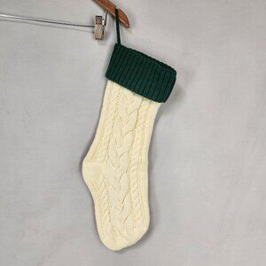 Cable Knit Christmas Stocking Ivory with Green Cuff17.5 inches Holiday